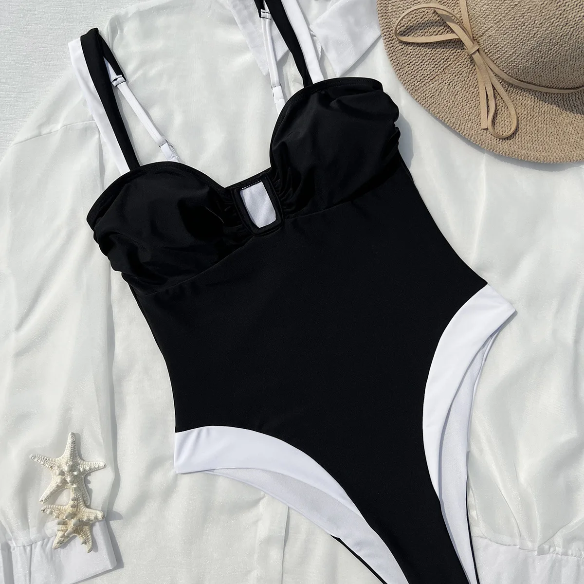 New Sexy Splicing One Piece Swimsuit Women High Cut Beach Swimwear Patchwork Cut Out Monokini High Waisted Bathing Suit Bather