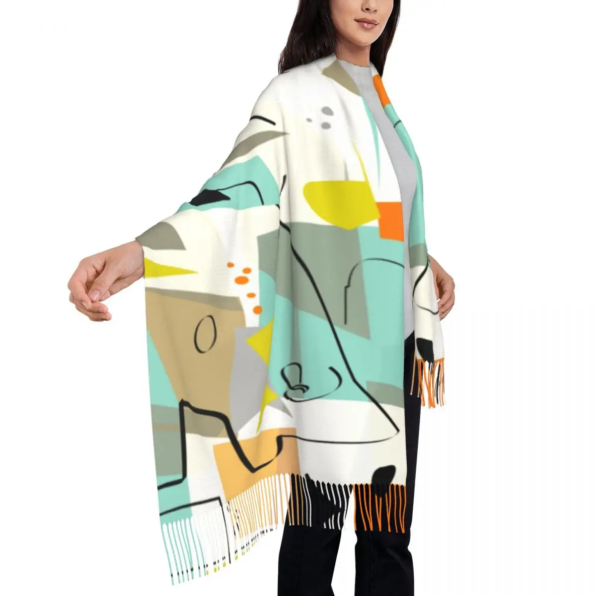 Fashion Mid Century Modern Abstract Art Tassel Scarf Women Winter Fall Warm Shawls Wraps Ladies Minimalist Geometric Scarves