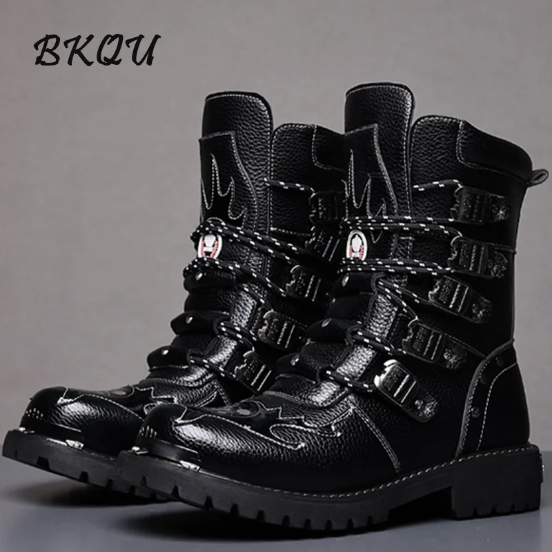 

BKQU Mid-calf Knight Boots Men 2025 Spring High Top British Wind Big Head Work Boots Cycling Motorcycle Fashion Men's Shoes