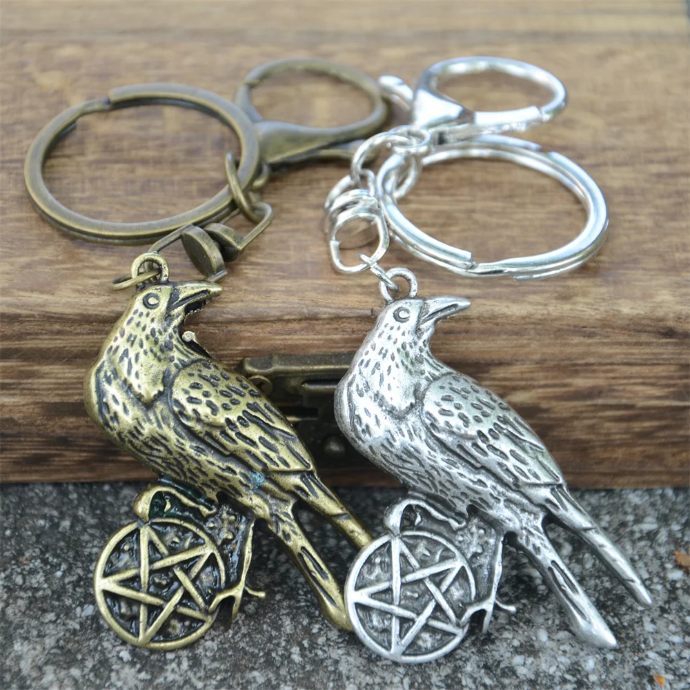 Wiccan Pentagram Raven Keychain Witch Pentacle Amulet Talisman Wicca Bird Key Holder Accessories