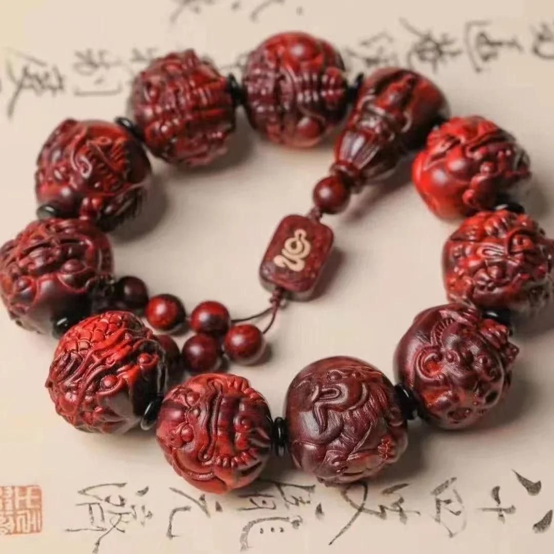 25mm natural lobular red sandalwood beads bracelet carved brave beads rosary beads transfer bracelet