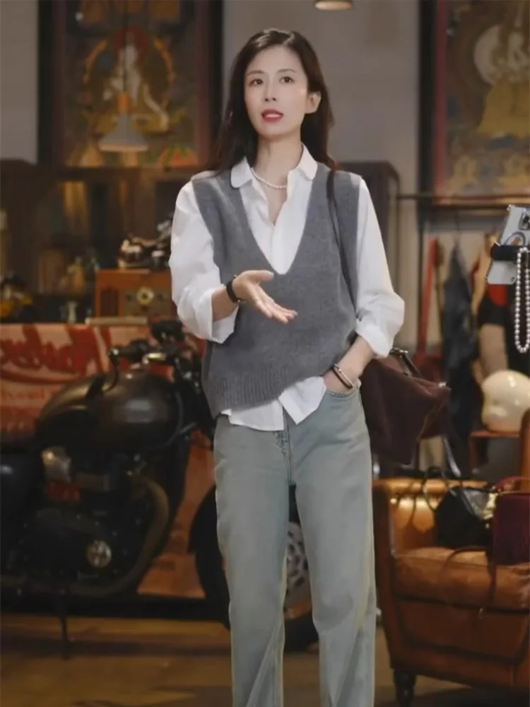 

Высококачественный вязаный жилет с v-образным вырезом, женский свободный утягивающий универсальный топ на бретелях, осенний новый модный многослойный топ