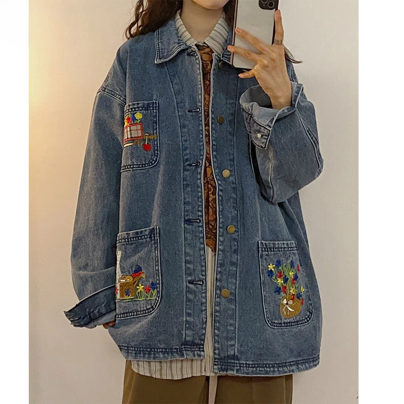 American Vintage High Street Flower Embroidery Denim Jacket Women Loose Harajuku Style Couple Trendy Blue Jeans Jackets Outwear