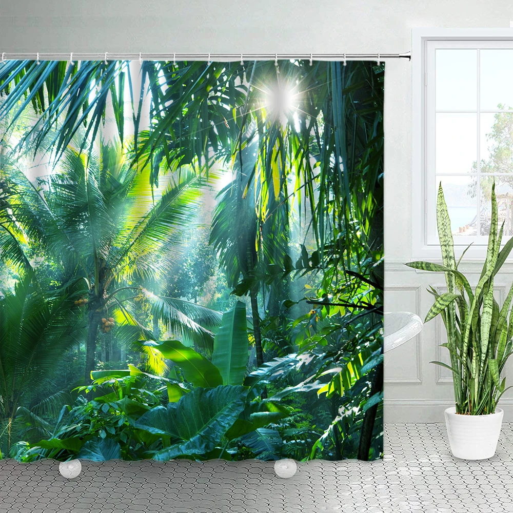 Juego de cortinas de ducha de plantas de selva Tropical verde, palmera, bosque, hojas de Monstera, paisaje natural, tela, decoración de baño con