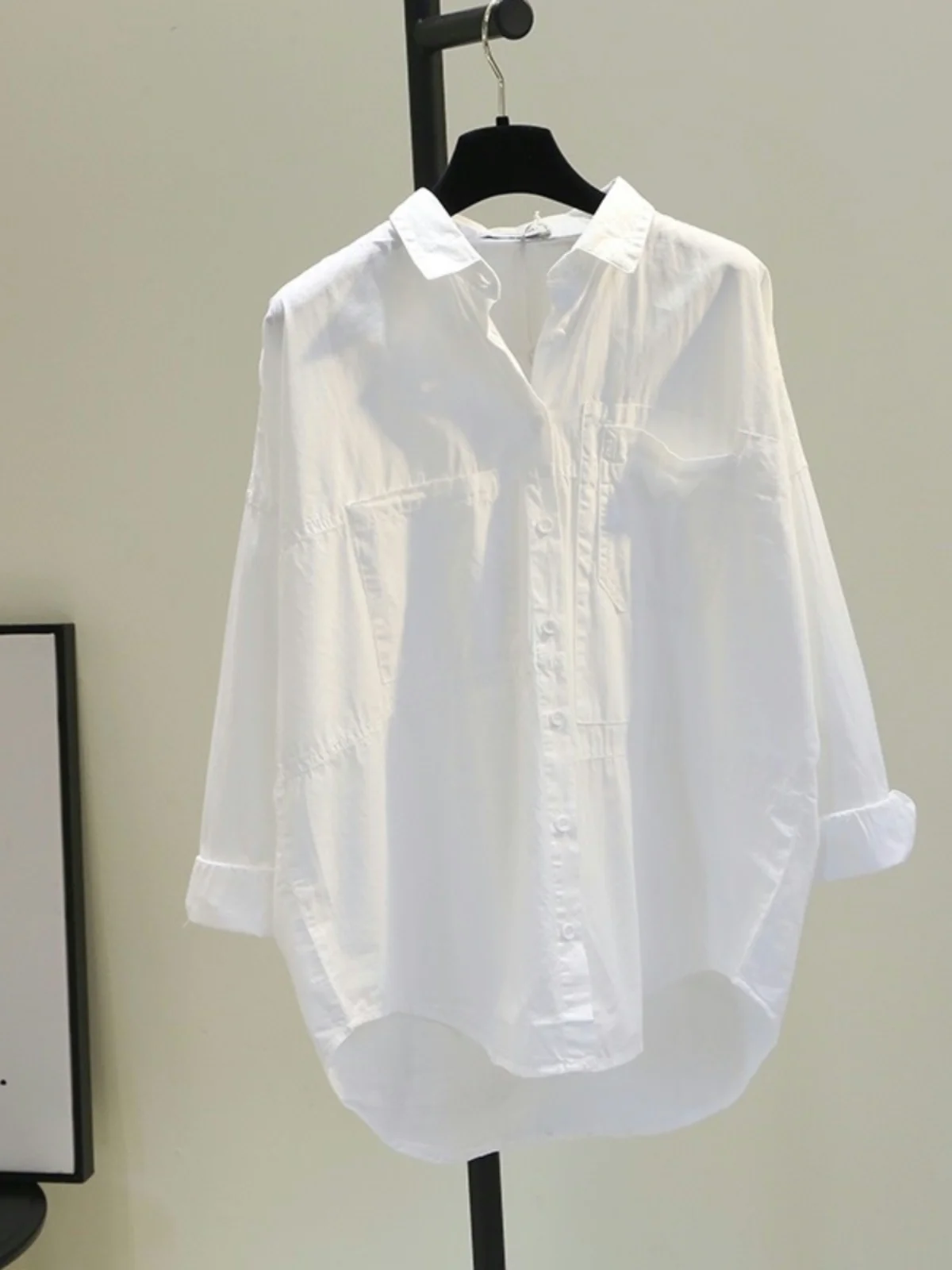 White Pure Cotton Thin irt Women's Korean Sle Top Commute Sle  Collar Long Sve Mid-Length Straight Cut irt