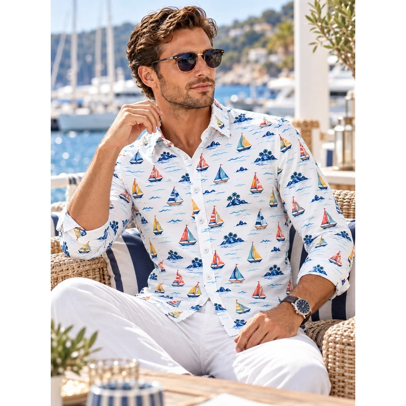 Men'S Resort-Style Printed Shirt - Autumn And Winter New Arrival - Random Print Shirt - Vacation And Travel-Themed Menswear