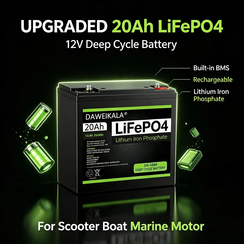 12V 20Ah LiFePO4 wiederaufladbare Lithium-Eisenphosphat-Batterie, eingebautes intelligentes BMS, zyklenfeste, wärmearme, stabile Batterie, langlebiger Ersatz für Kinderroller, Boote, Marine-Motoren,