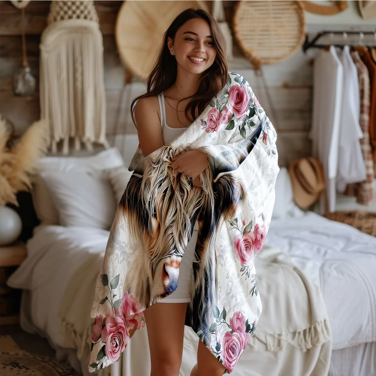 1pc Floral Highland Cow Print 230 Flannel Blanket In Multiple Sizes Soft And Comfortable Sleeping Blanket Machine Washable