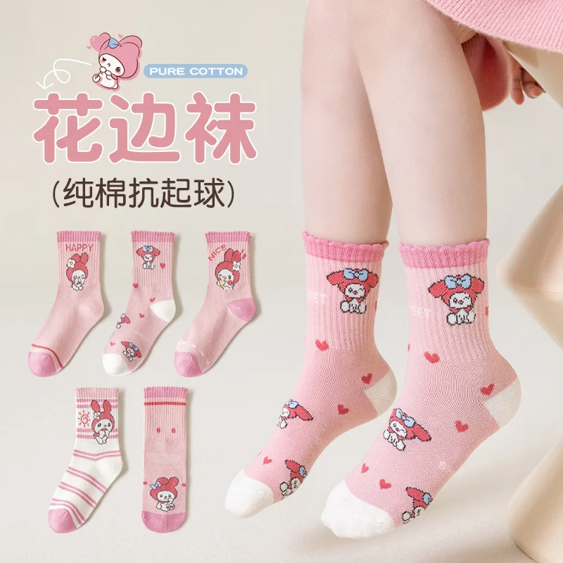 5 Pairs Sanrio  Kids Socks Melody Kawaii New Fall Winter Cartoon Children Mid-calf Socks Cotton Sock for Girls