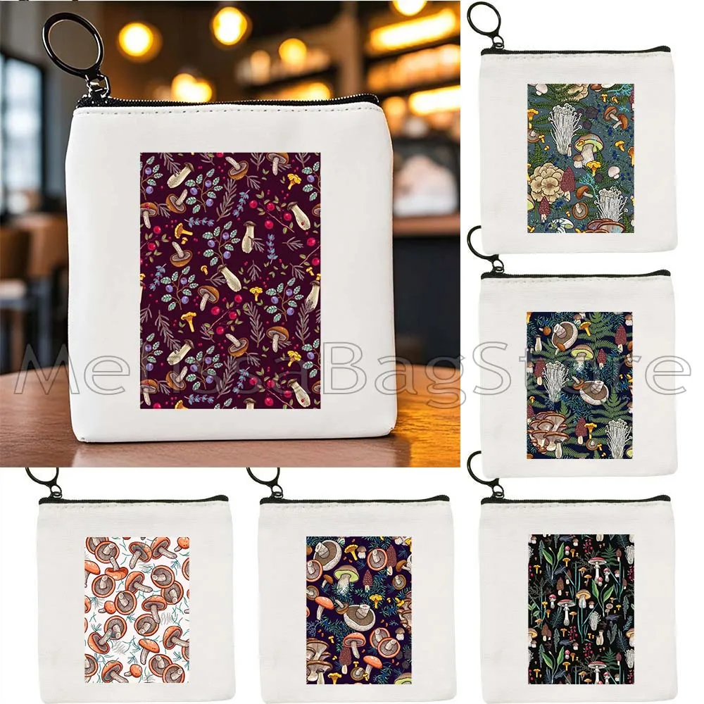 Beautiful Mushroom Kingdom Botanical Garden Cute Toxic Mushroom Berries Flowers Canvas Bags Key Coin Purse Cute Bag Wallet Pouch