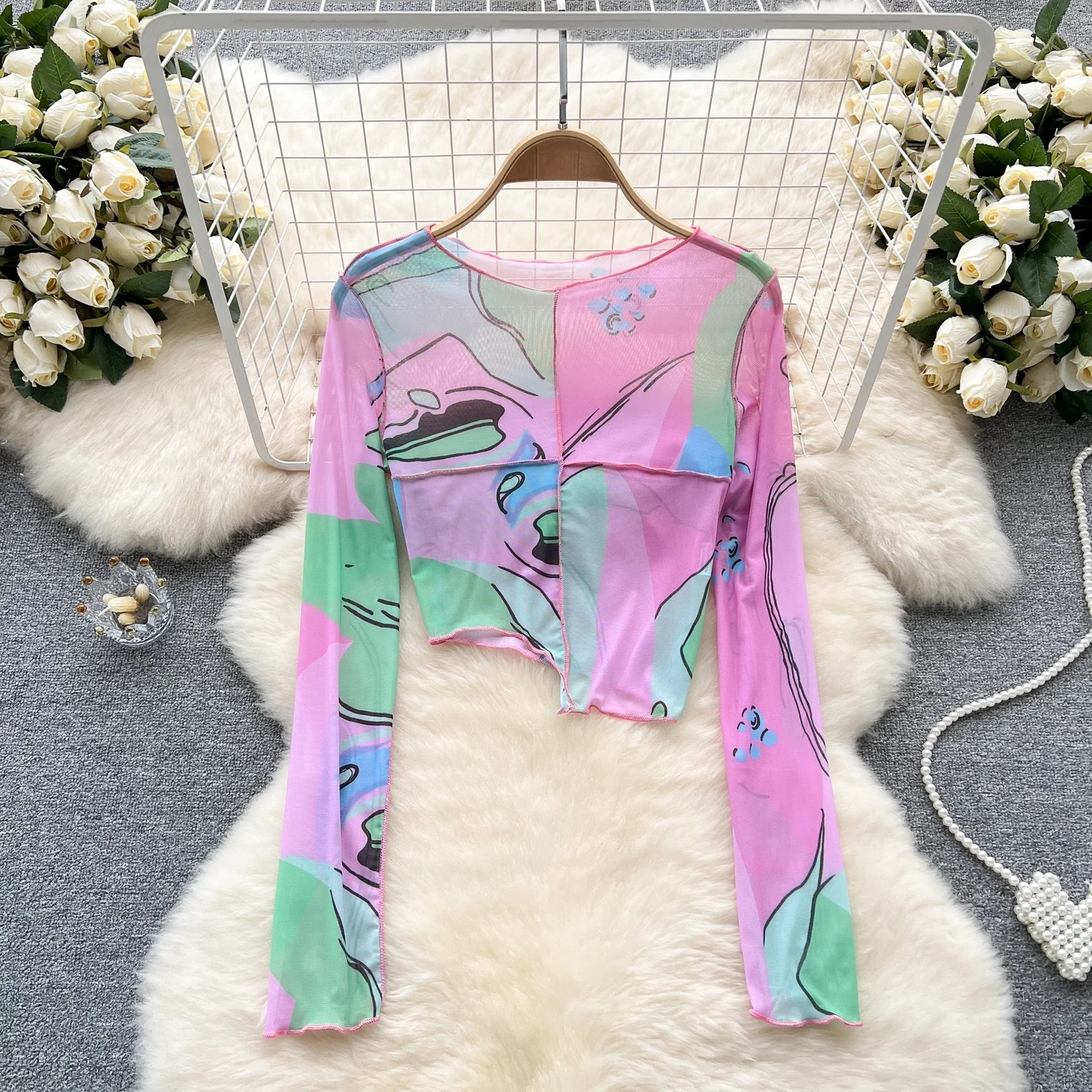 Spring Summer  Print T-irt Women's Sve Long Net Splicing Vintage Sli Casual Commute Korean Sle Top