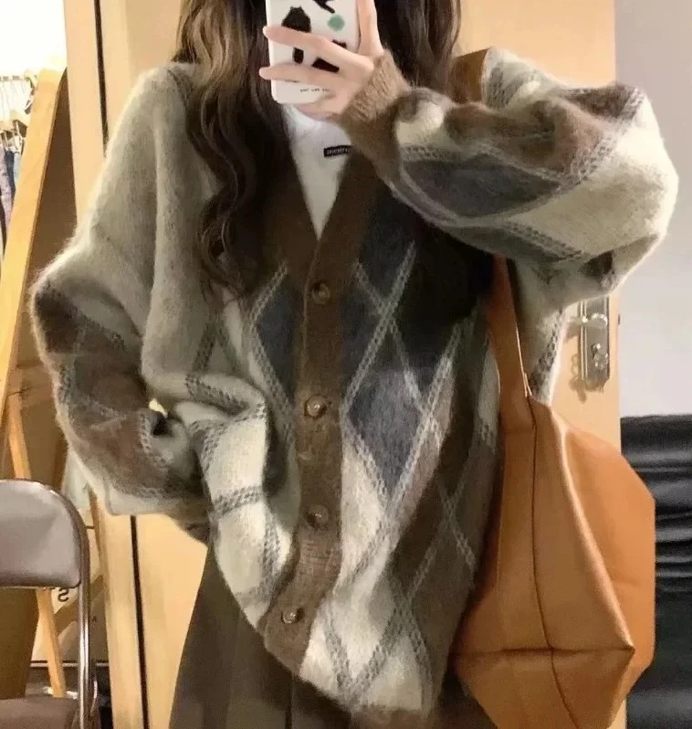 

Design Knitted Cardigan Women Autumn Winter Loose Lazy Wind Top Sweaters Lady Korean Single Breasted Cardigans