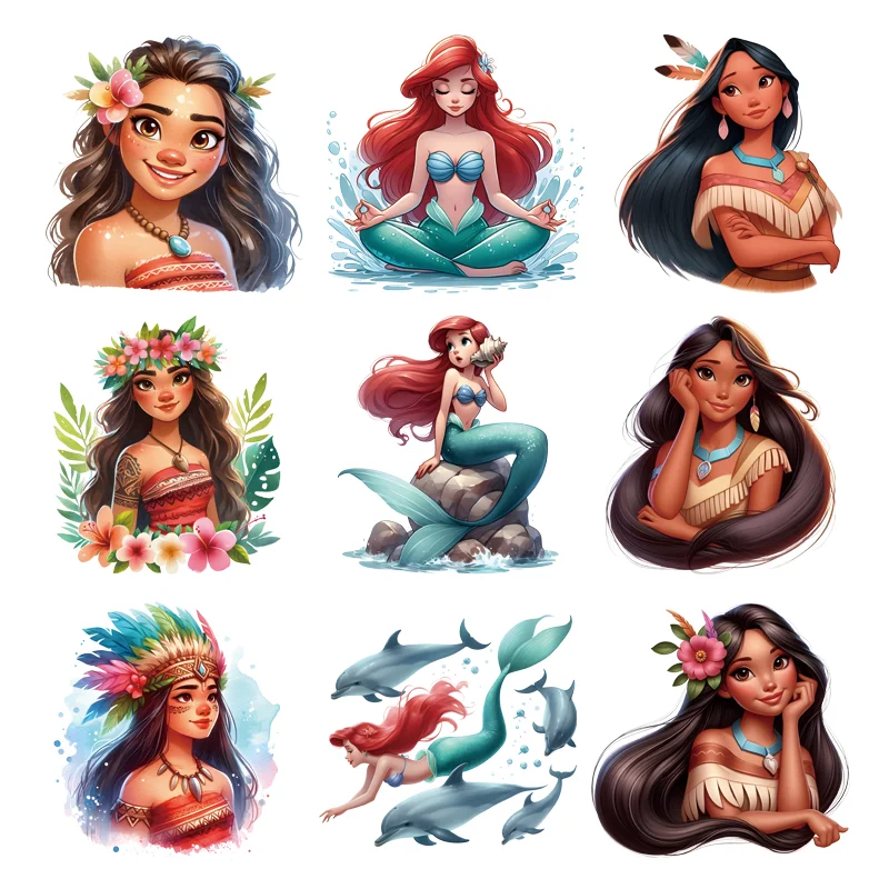 Disney Princess Ariel and Moana printing for clothes Patches self-adhesive heat transfer stickers DIY children Sewing Decoration