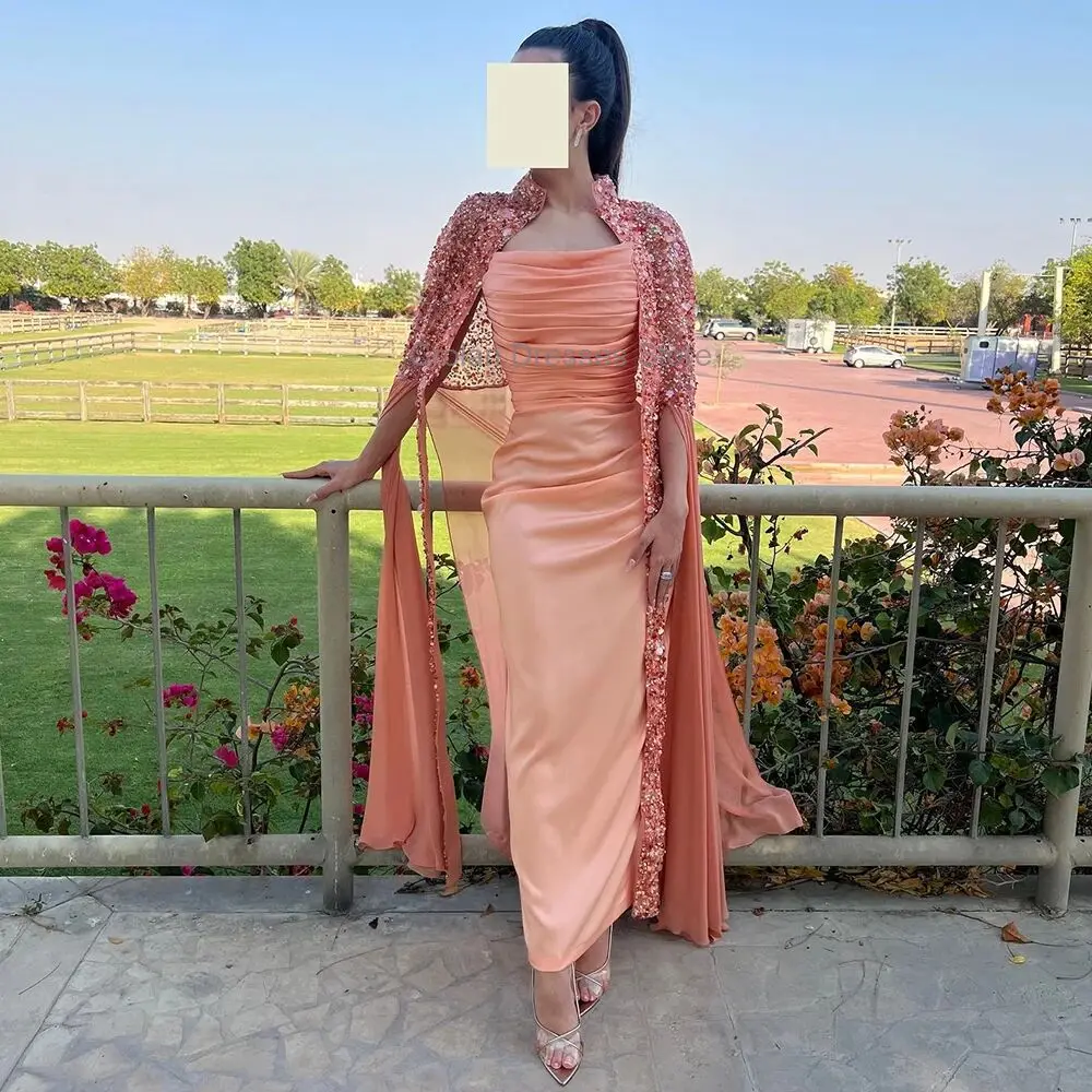 

Elegant Strapless Sheath Prom Dress with Beading Sequined Shawl Saudi Arabia Woman Pleats Satin Evening Dress Party Gowns 2024