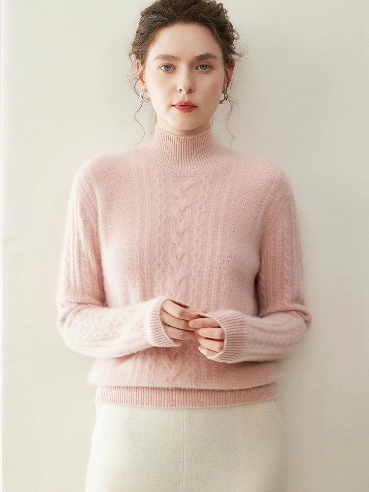 

Mock Neck Thick Sweater 100% Cashmere Knitwear Autumn Winter Women's Cable Stitch Pullover Long Sleeve Retro Classic Clothes Top