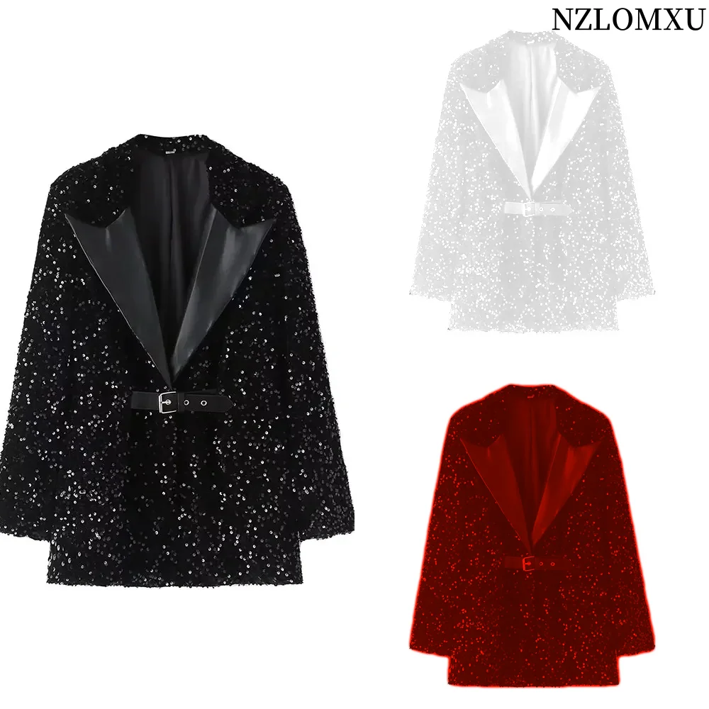 2024 Autumn New Fashion Women Shiny Double-breasted Sequins Suit Jacket Female Coat Black Slim Fit Blazers with Belt