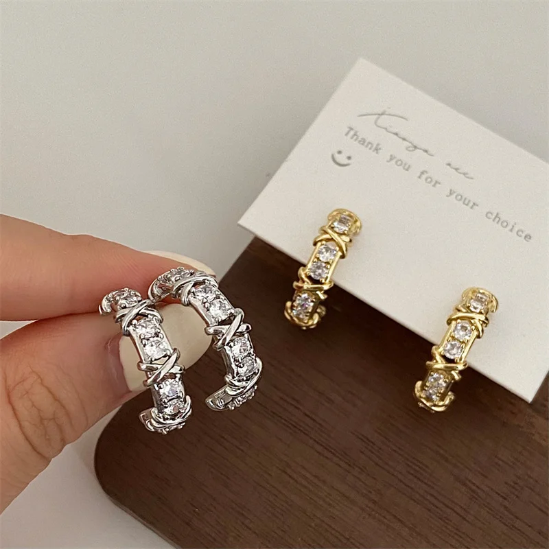 Vintage CC Design Stud Earrings for Women Korean Fashion X Cross Zircon Earring Engagement Jewelry Gifts Wholesale
