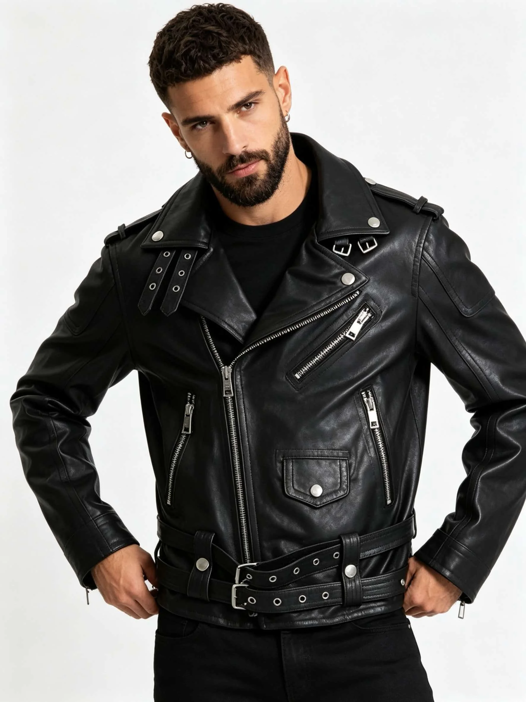 Black Autumn Leather Jacket Men Punk Style Plus Size 4XL Genuine Natural Sheepskin Turn-Down Collar Diagonal Zipper Sports Coat