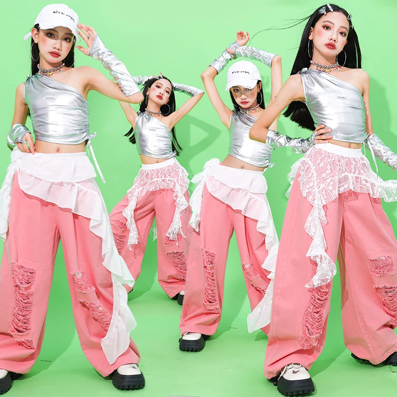 Mädchen Hip Hop Silber Crop Top Rosa Hosen Kinder K-pop Streetwear Kinder Jazz Mädchen Gruppe Kostüm Teen Street Dance kleidung Sets