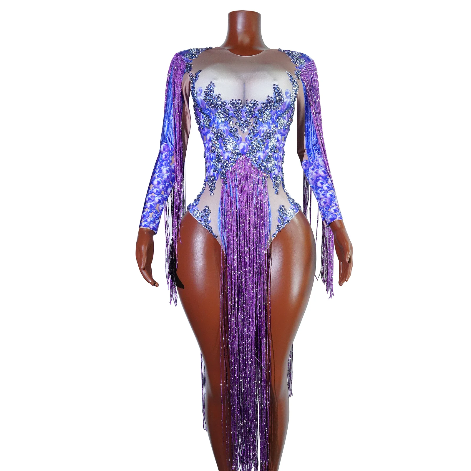 

Custom Purple Fringes Sequin bodysuit women sexy Latin dance outfits stage performance party birthday club drag queen costumes