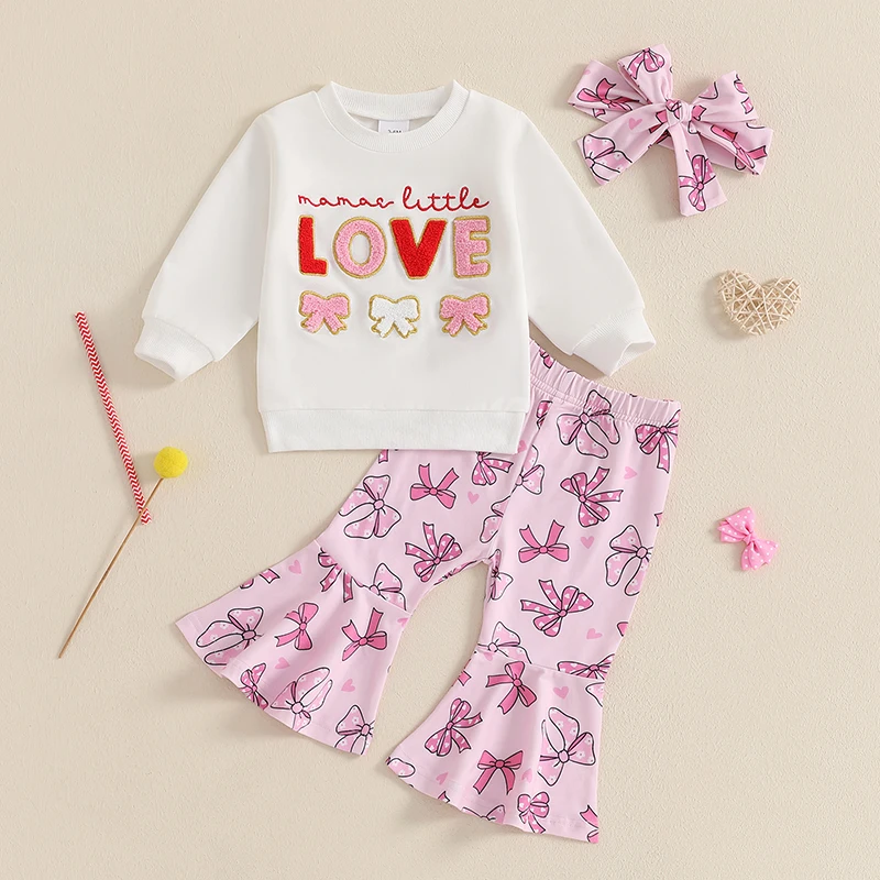 3-delige Valentijnsdagoutfit voor meisjes met lange mouwen, O-hals top, geborduurde letters, hartprint, broek en hoofdband