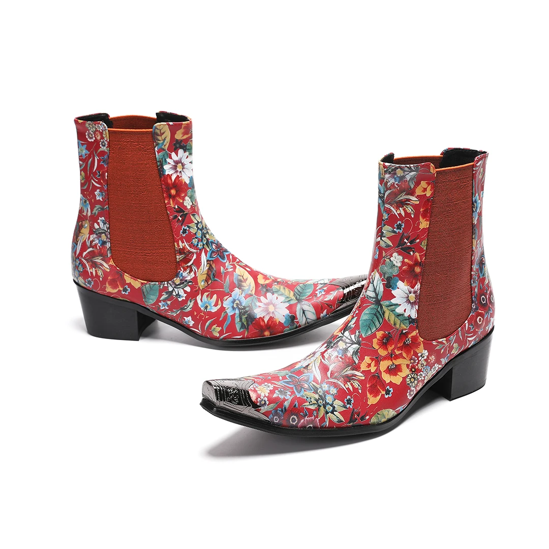 british style flower metal pointed toe men genuine leather ankle boots plus size night club party Chelsea boots man formal shoes