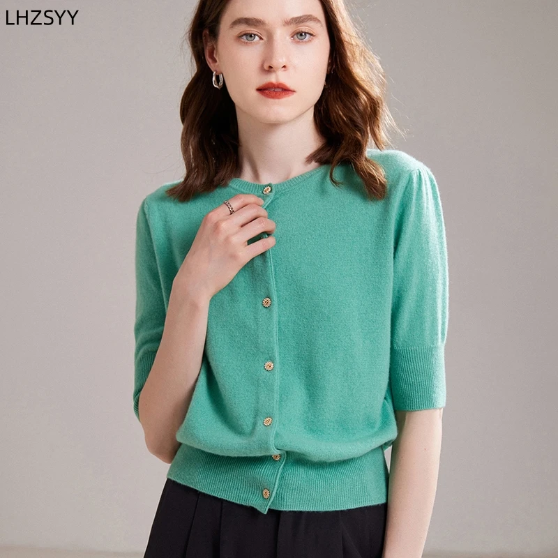 

LHZSYY 100%Pure Goat Cashmere Short-Sleeve Cardigan Ladies O-Neck Knit Five-sleeve Jacket High-end Loose T-Shirt New Summer Tops