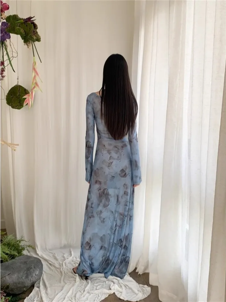 Blue Printed V-Neck Dress For Women In Early Autumn With Pleated Layering Design, Unique Slim Fit Long Skirt