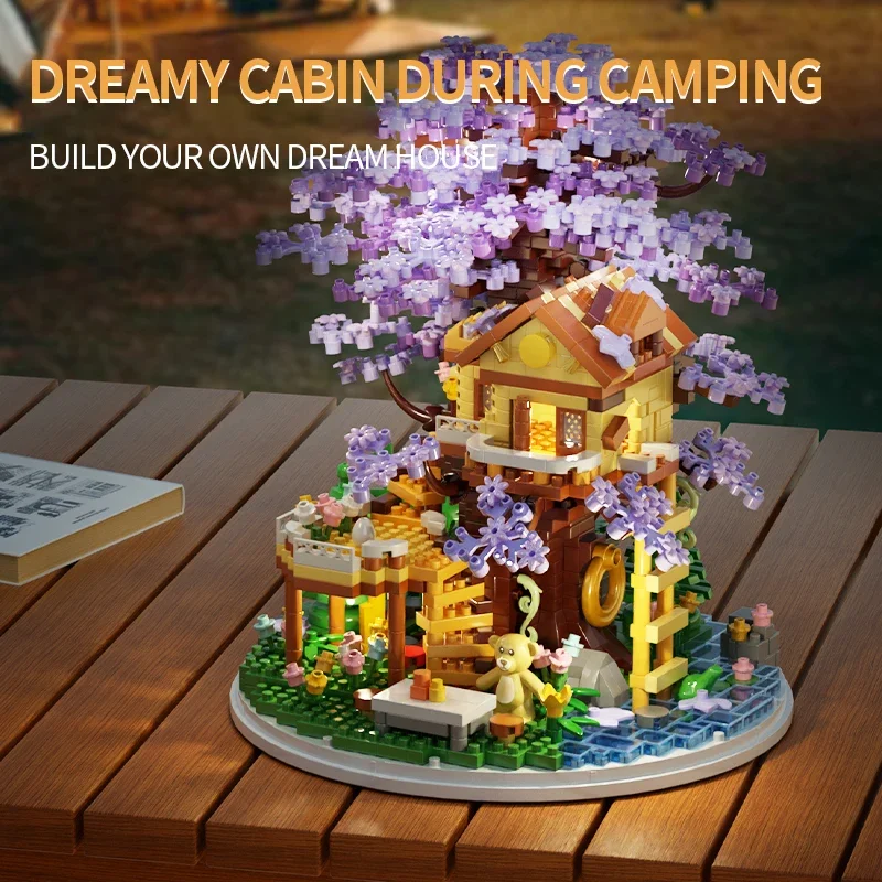 

2080PCS Cherry Tree House Building Blocks Two Color Leaves Dream House Model With Dust Cover Desktop Ornaments DIY Toys For Kids