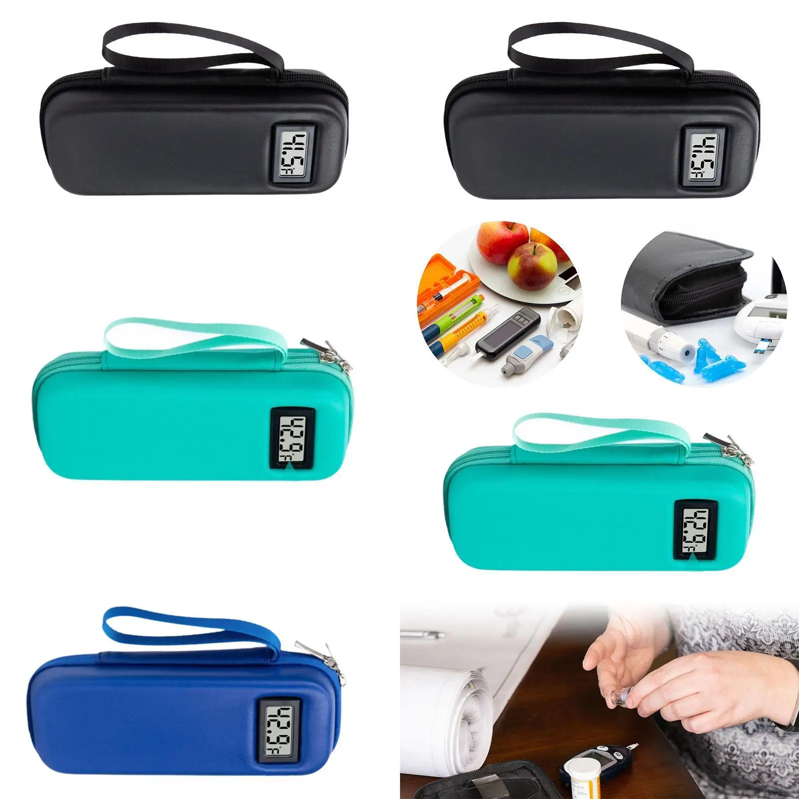 حافظة أقلام الأنسولين للتخزين البارد مع عرض درجة حرارة ميزان الحرارة، حقيبة تنظيم مبردة للتخييم