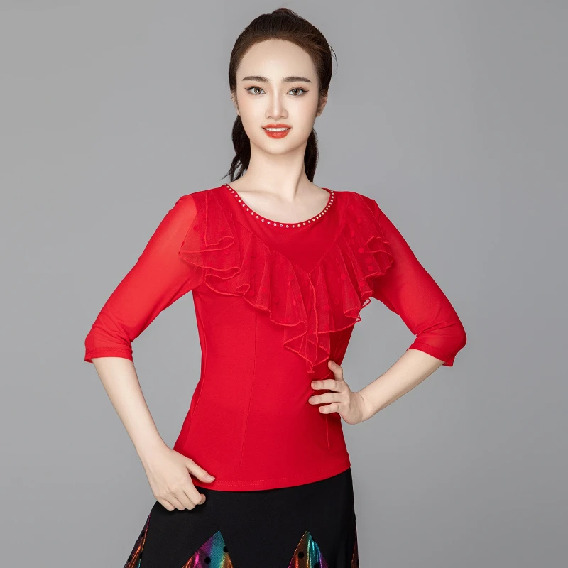 ชุดเต้นลาตินและบอลรูมที่ใส่สบายและหลากหลายสไตล์ ชุดเต้นวอลซ์แขนยาวปานกลาง เสื้อบอลรูมทันสมัยสำหรับสุภาพสตรี