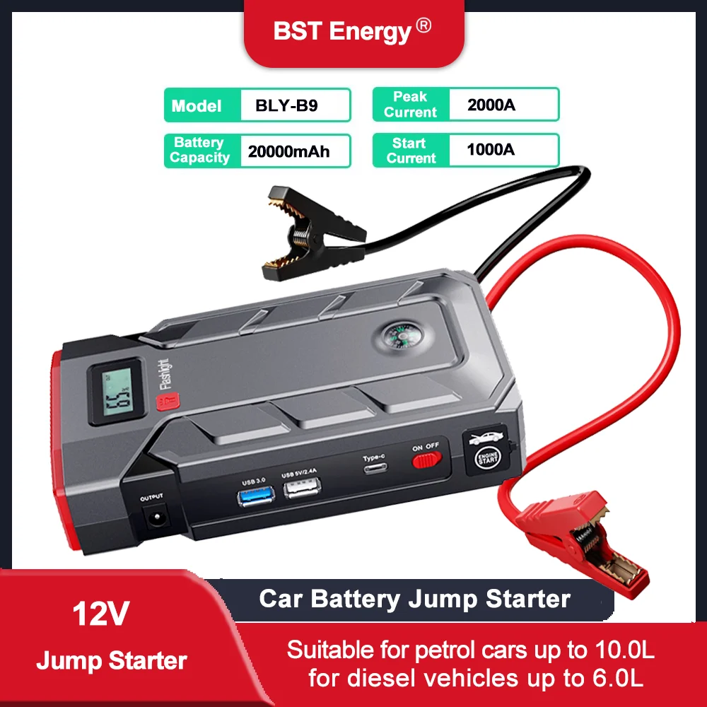12V Emergency Jumper 2000A Car Jump Starter 1600A 1200A 1000A 800A Power Bank Car Truck Vehicle Battery Booster Starter Charger