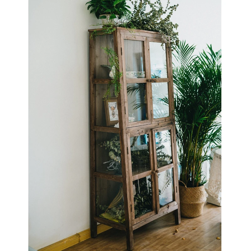 American rural retro old solid wood dining side cabinet glass display cabinet storage  bowl cup dish storage