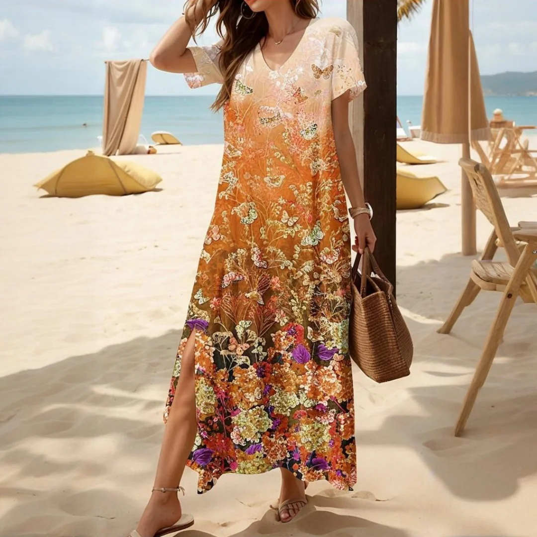 2025 ฤดูร้อนผู้หญิง V คอชุดลําลองกลางแจ้งแขนสั้นฮาวายวันหยุดสวมใส่ดอกไม้พิมพ์ OverSize ผู้หญิงเสื้อผ้า