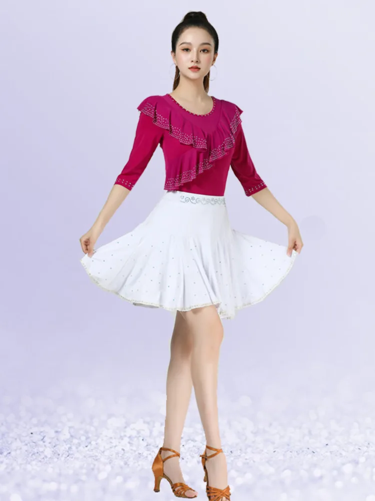 Ruffles Ballroom Long Sleeves Standard Latin Dance Top Dancewear Women Rhinestones Waltz Wear Luxury Jazz Competition Skirt