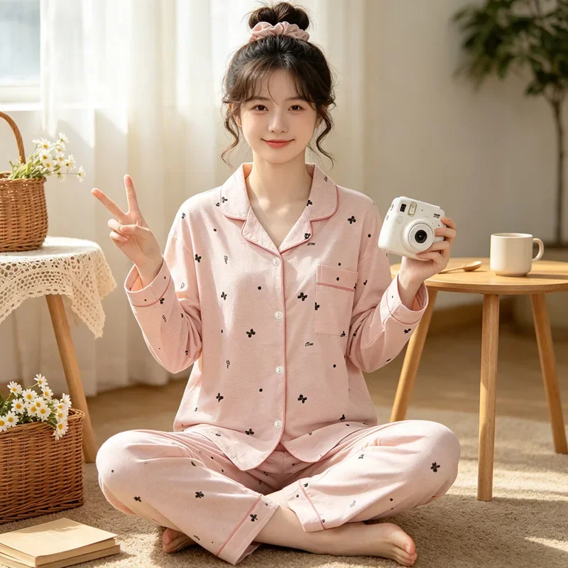 Korean-Style Ins Print Pajamas for Women, Spring and Autumn Long-Sleeve and Long-Pants New High-End Feeling Loungewear Set