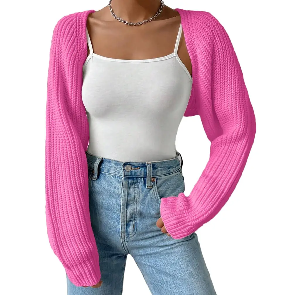 

DZ-DZ Women Open Front Ribbed Knit Crop Bolero Drop Shoulder Long Sleeve Solid Loose Fit Knitted Crop Cardigan Shrug