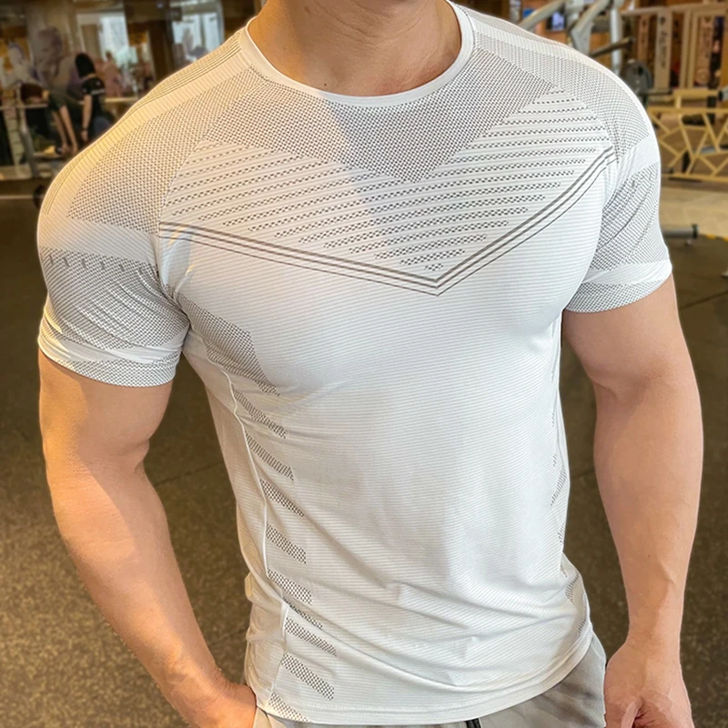 2023 Summer Short Sleeve Shirt Quick Dry Running T Shirts Slim T-shirt Training Elastic Tops Male Jogging Sport Wear Gym Clothes