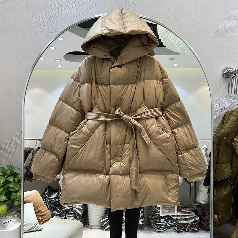 2023 New Winter Ultra Light Mid Long Puffer Jacket Women Hooded Waist Lace Up Loose Warm White Duck Down Casual Overcoat