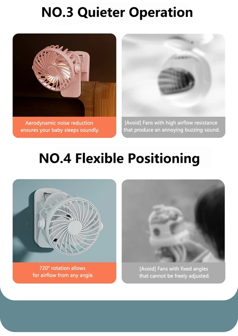 Portable Mini Cooler Fan 720°Rotatable Clip Fan Built In Night Lamp USB Rechargeable Personal Fan For Outdoor Camping Ventilador