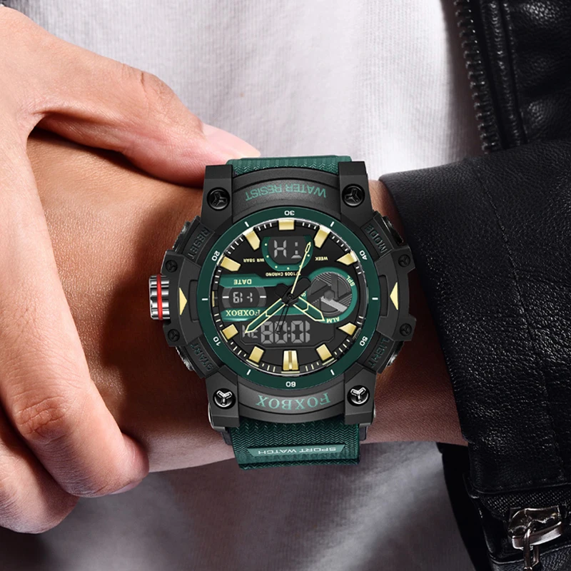 FOXBOX TOP Men's watches quartz wristwatch waterproof dual time display military men's clock watches for men reloj hommes+BOX