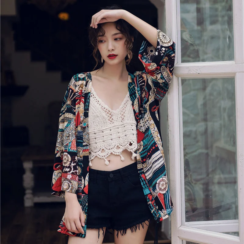 Retro Chinese Style Versatile Loose Improved Kimono Cardigan Haori Summer Air-Conditioning Shirt Beach Sun Protection Clothing C