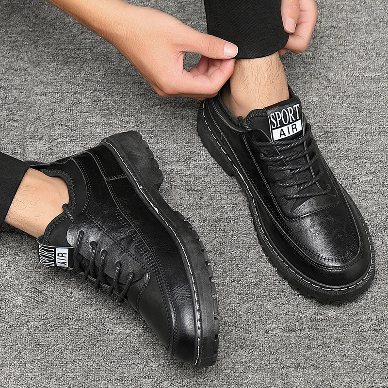 2023 Men Leather Platform Oxfords Slip on Thick Bottom Men\'s Derby Shoes Casual Loafers Mens Square Toe Formal Dress Shoes