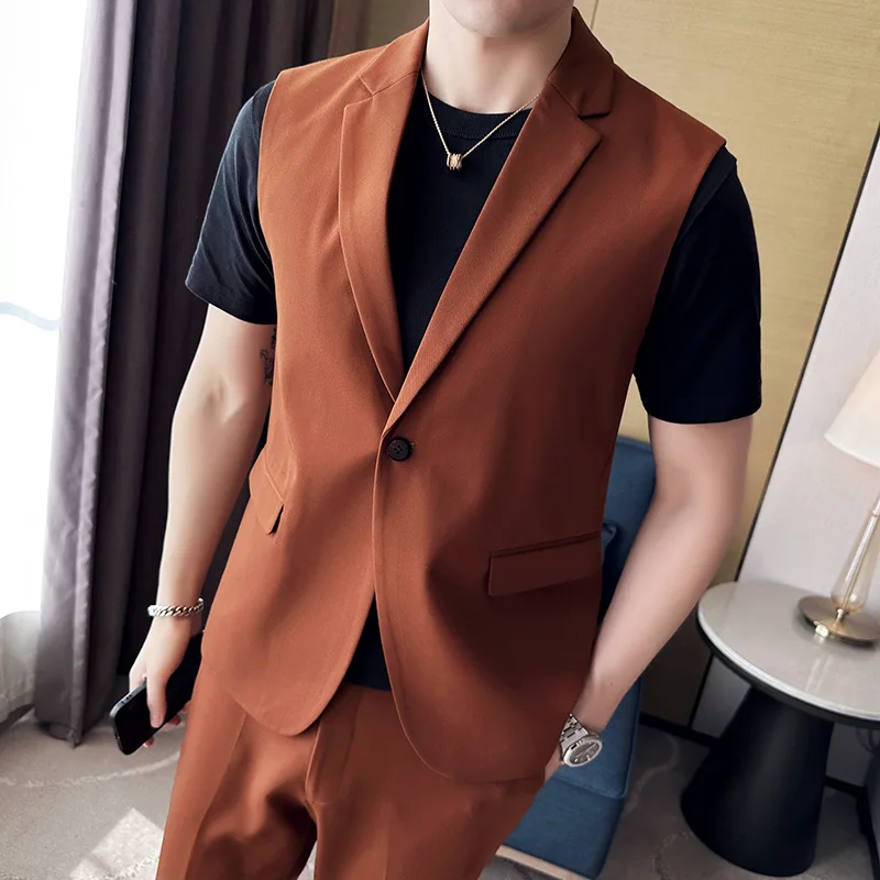 

2024 Spring and Summer Korean Version of Solid Color Casual Men (suit + Trousers) Sleeveless Suit British Fashion Two-piece Set