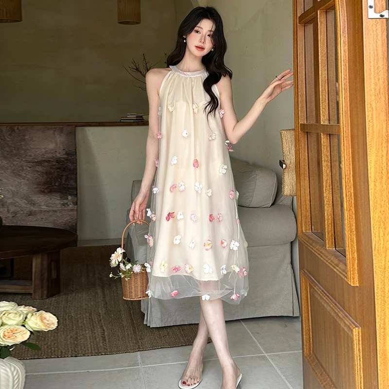 

New Summer Women Sexy Off Shoulder Halter Loose Fit Long Dress High Quality Sweet 3D Flowers Decorative Mesh Princess Dress
