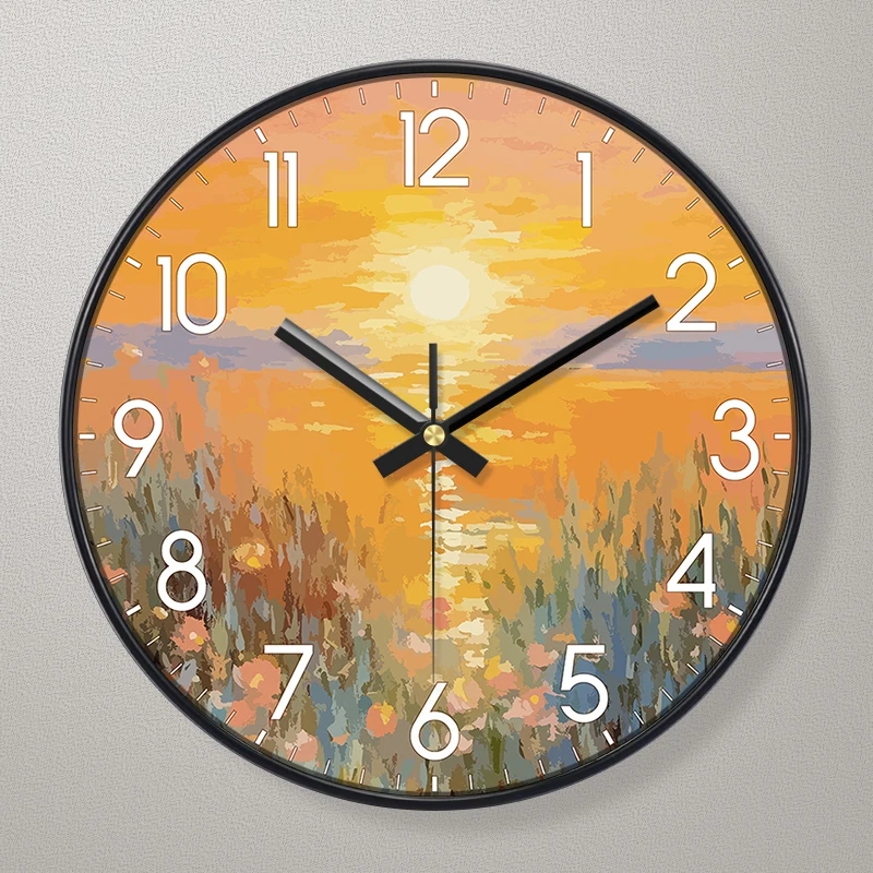 Fashion Art Wall Clock Sunset Meadow Floral Silent Non-Ticking Landscape Clock for Living Room Bedroom Home Decor 8/10/12 inches