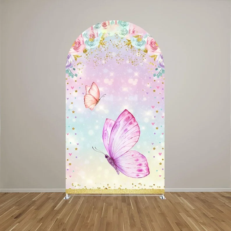 Mehofond Arch Backdrop Covers Flowers Customize Girl Butterfly Kisses and Birthday Wishes Party Gold Pink Baby Shower Decoration