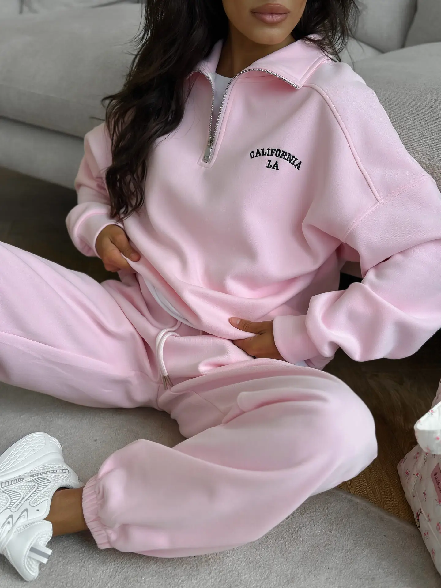 Pink half zipper letter embroidery sports women's clothing European and American solid color pullover hoodie+drawstring straight