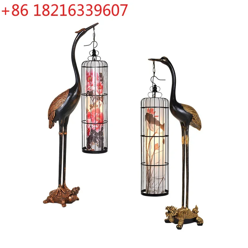New Chinese floor lamp Chinese wind bird cage creative lobby living room ornament turtle crane Yannian crane zen vertical lamp