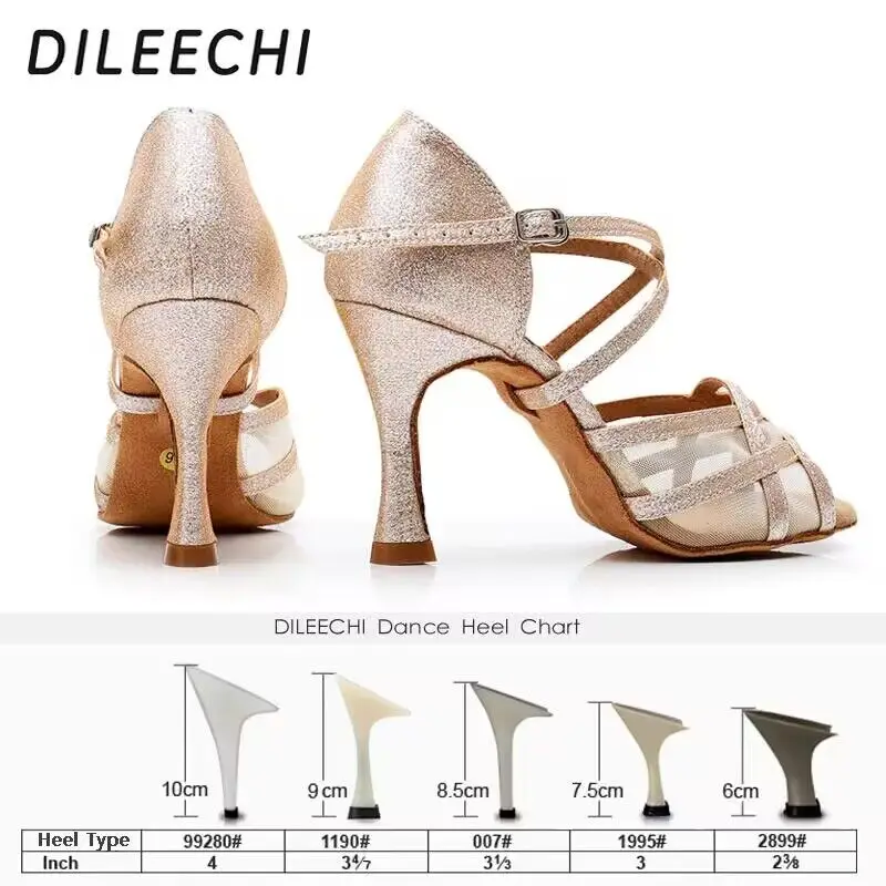 DILEECHI Women Latin dance shoes Light Gold Glitter Net Cuba High Heel 9cm 7.5cm Salsa Party Performance Ballroom dancing shoes